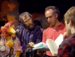 Henson looks over Hunt's shoulder as Hunt directs Fraggle Rock episode "The Honk of Honks", 1986. 
