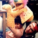Richard Hunt and David Rudman performing Leo the Party Monster on Sesame Street, 1980s. 